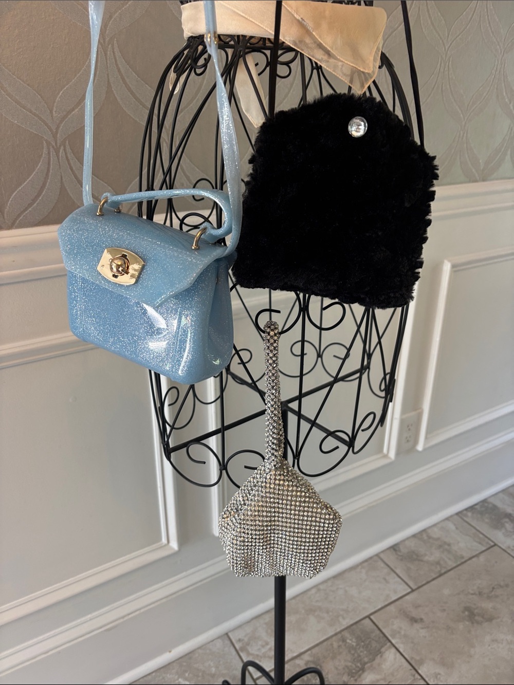 Light Blue Glitter Mini Crossbody Bag, Silver Satchel, and Black Muff